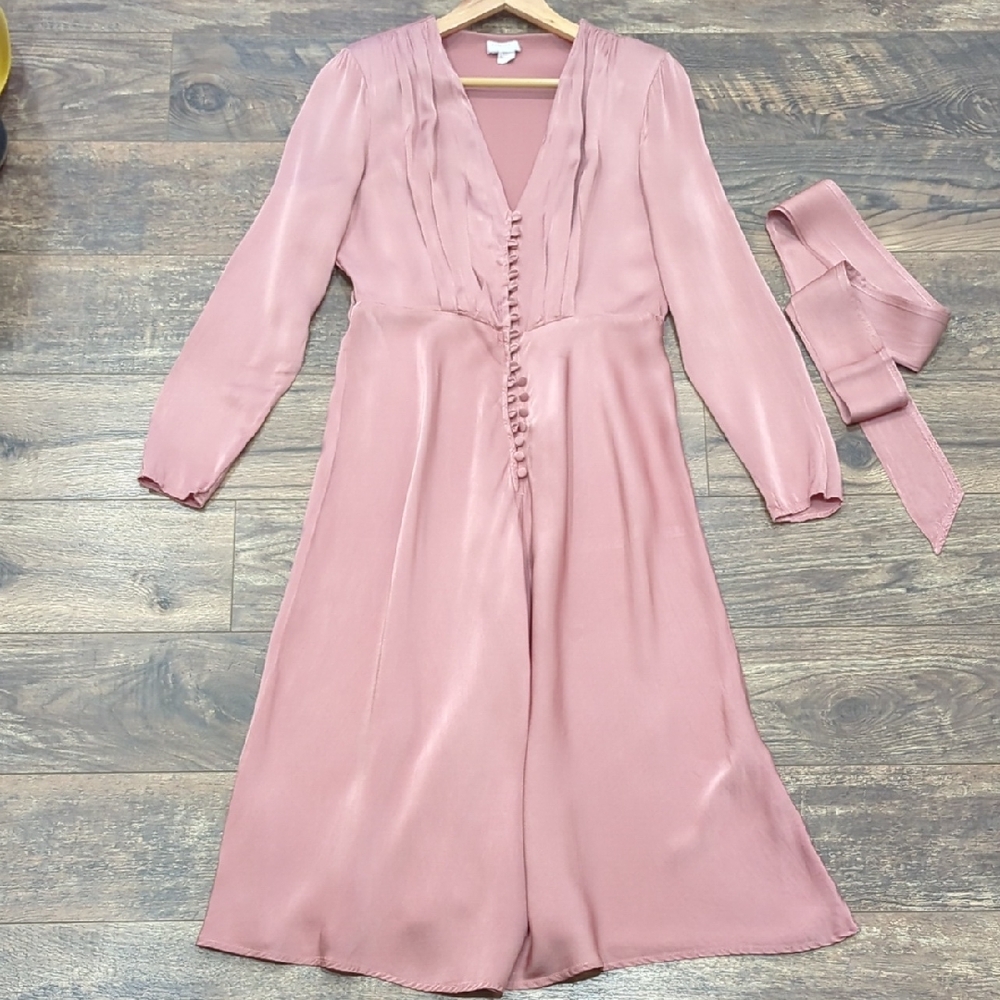 Anthropologie Ghost Of London Elegant Pink Long-Sleeve Meryl Dress Buttons